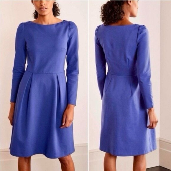 Boden Melanie Ponte Knit A-Line Pleated Long Sleeve Dress 6R Greek Blue J0772 - Picture 1 of 12